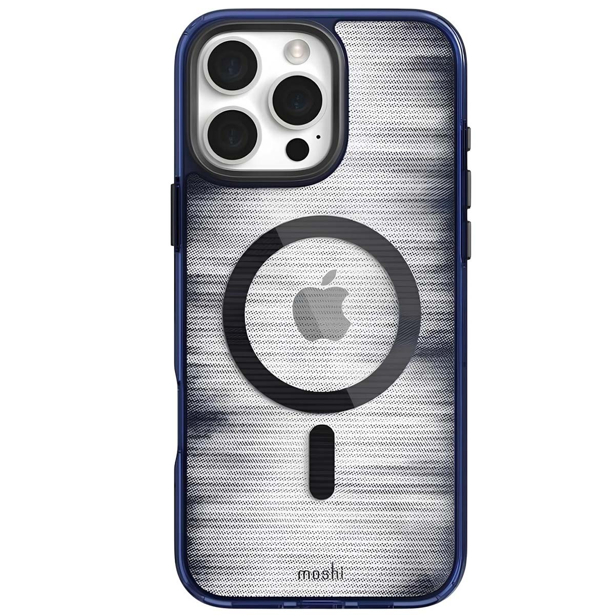 Custodia per iPhone con motivo denim. Ha un cerchio con il logo Apple e dettagli neri. La custodia è blu scuro.