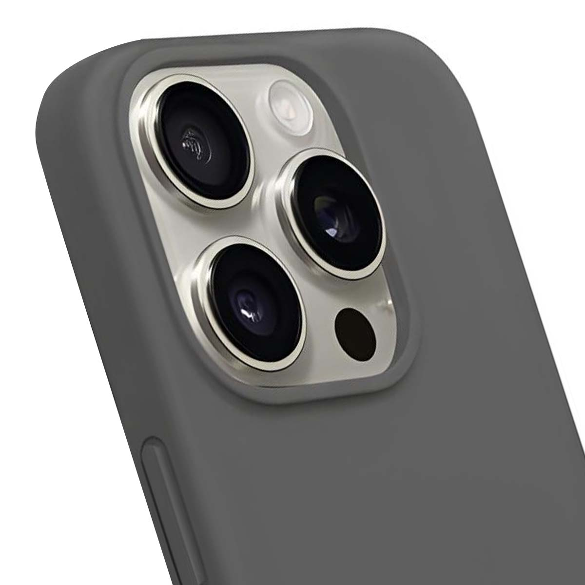 Primo piano di una custodia grigia per telefono con lenti della fotocamera visibili. La custodia ha una texture liscia e le lenti sono circondate da un anello argentato.