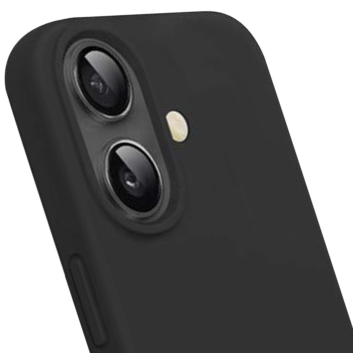 Primo piano di una custodia nera per smartphone con due lenti della fotocamera e un flash. La custodia è leggermente curva, con una texture liscia.