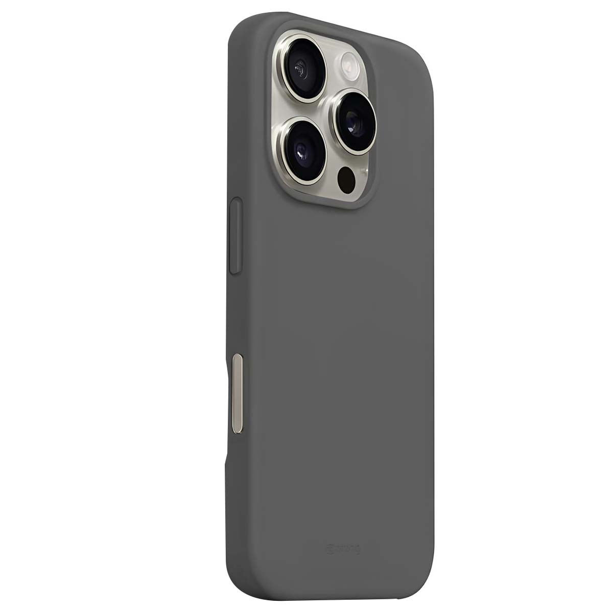 Una custodia grigia per iPhone con un rigonfiamento della fotocamera. La custodia ha una finitura liscia. Il modulo della fotocamera contiene più lenti.