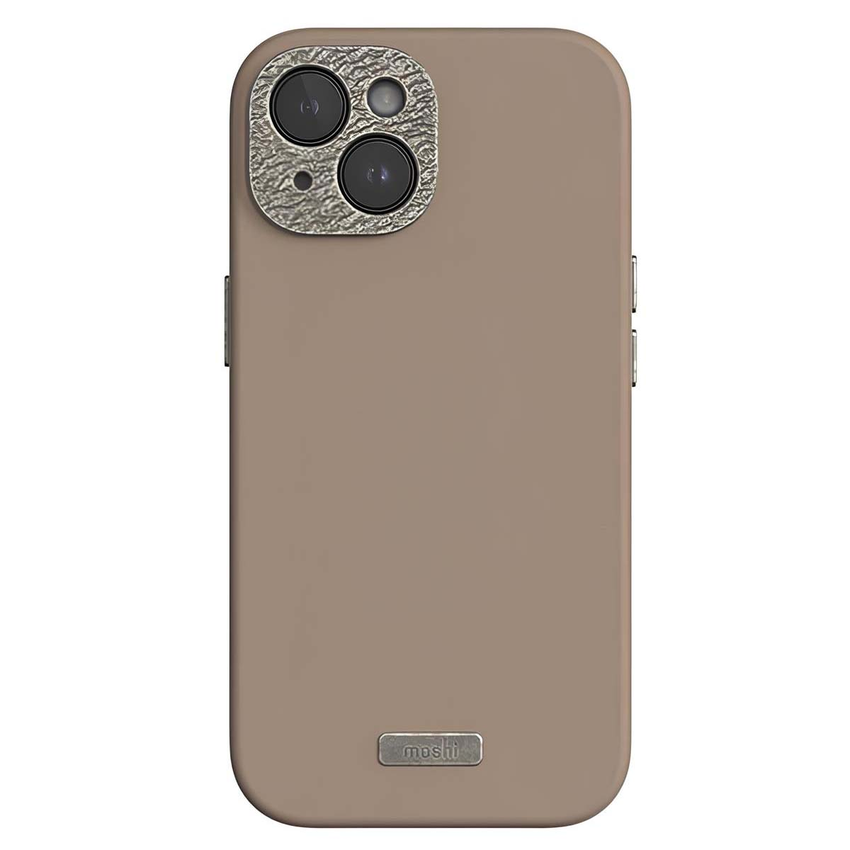 Una custodia per telefono color cachi con un modulo fotocamera strutturato. La custodia ha un logo e pulsanti laterali. Il modulo fotocamera è argentato.