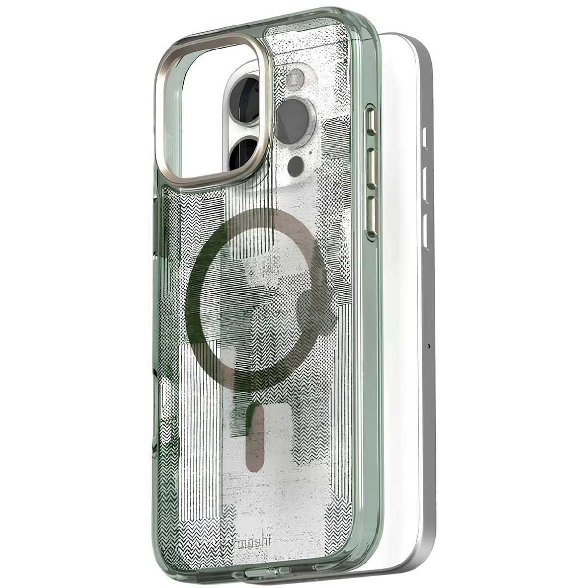 Funda transparente para teléfono con bordes verdes y diseño de círculo magnético. La funda tiene una parte trasera transparente con diseño.