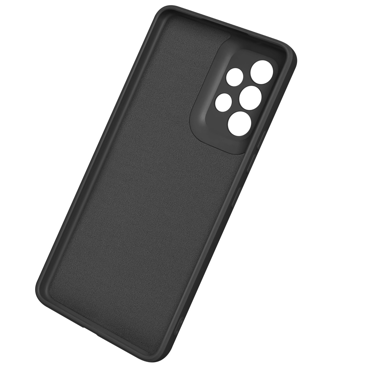 È mostrata una custodia nera per telefono con aperture per fotocamere. La custodia è strutturata e leggermente angolata, con interno liscio.