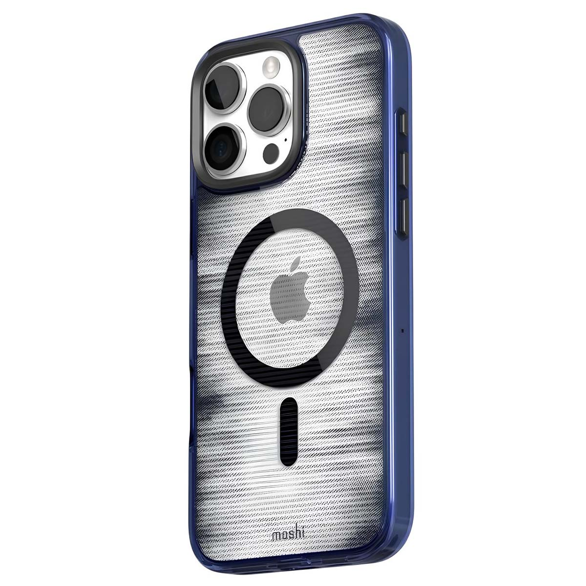 Custodia trasparente con cornice blu. Ha un logo Apple e un cerchio MagSafe. La custodia protegge la fotocamera del telefono.