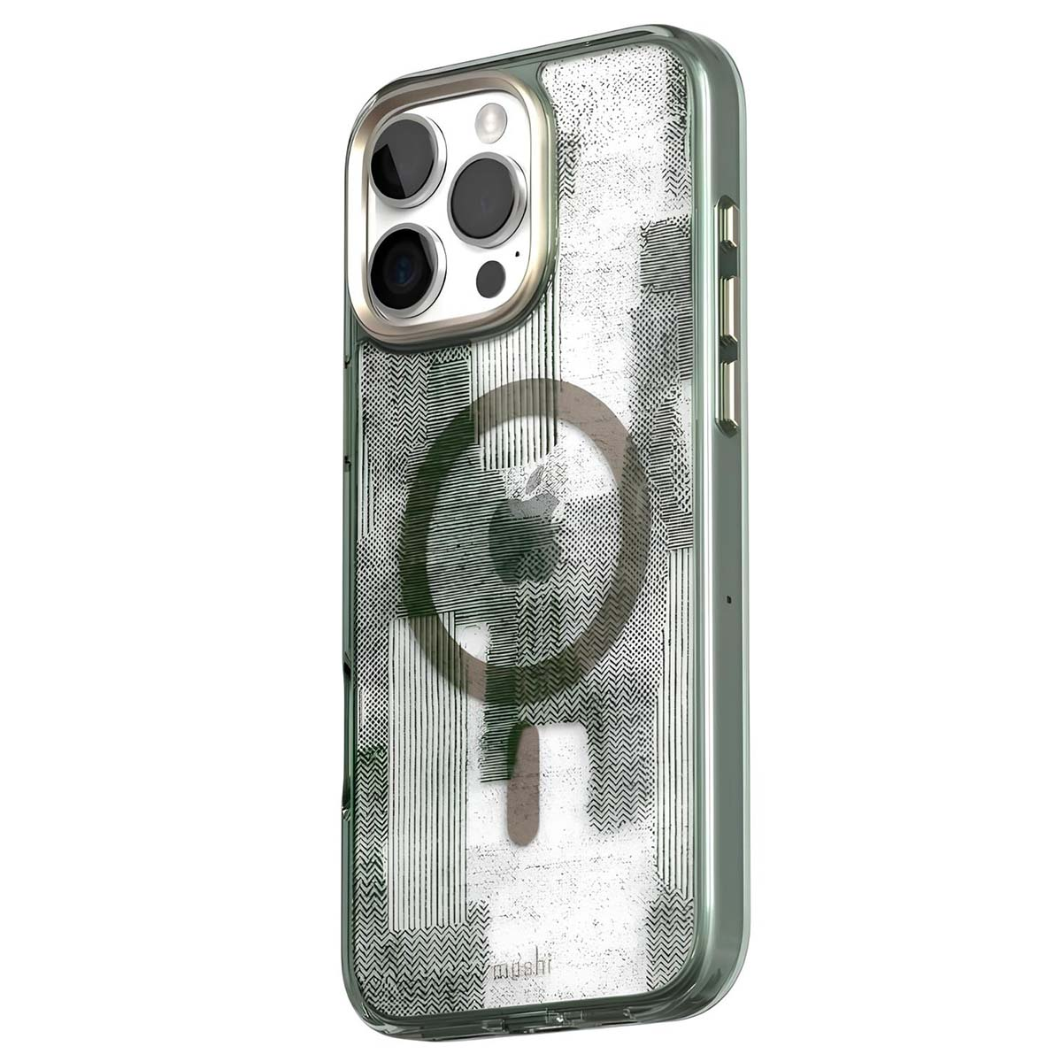 Funda transparente para iPhone con diseño de líneas y un círculo en la parte trasera. La funda tiene un borde metálico.