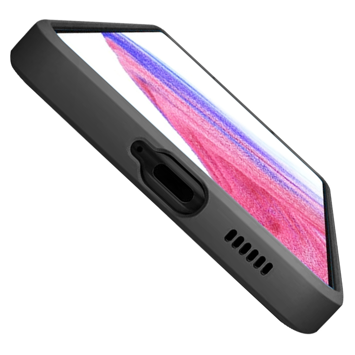 Uno smartphone con schermo dai toni rosa e viola, racchiuso in una custodia grigia, su sfondo bianco.