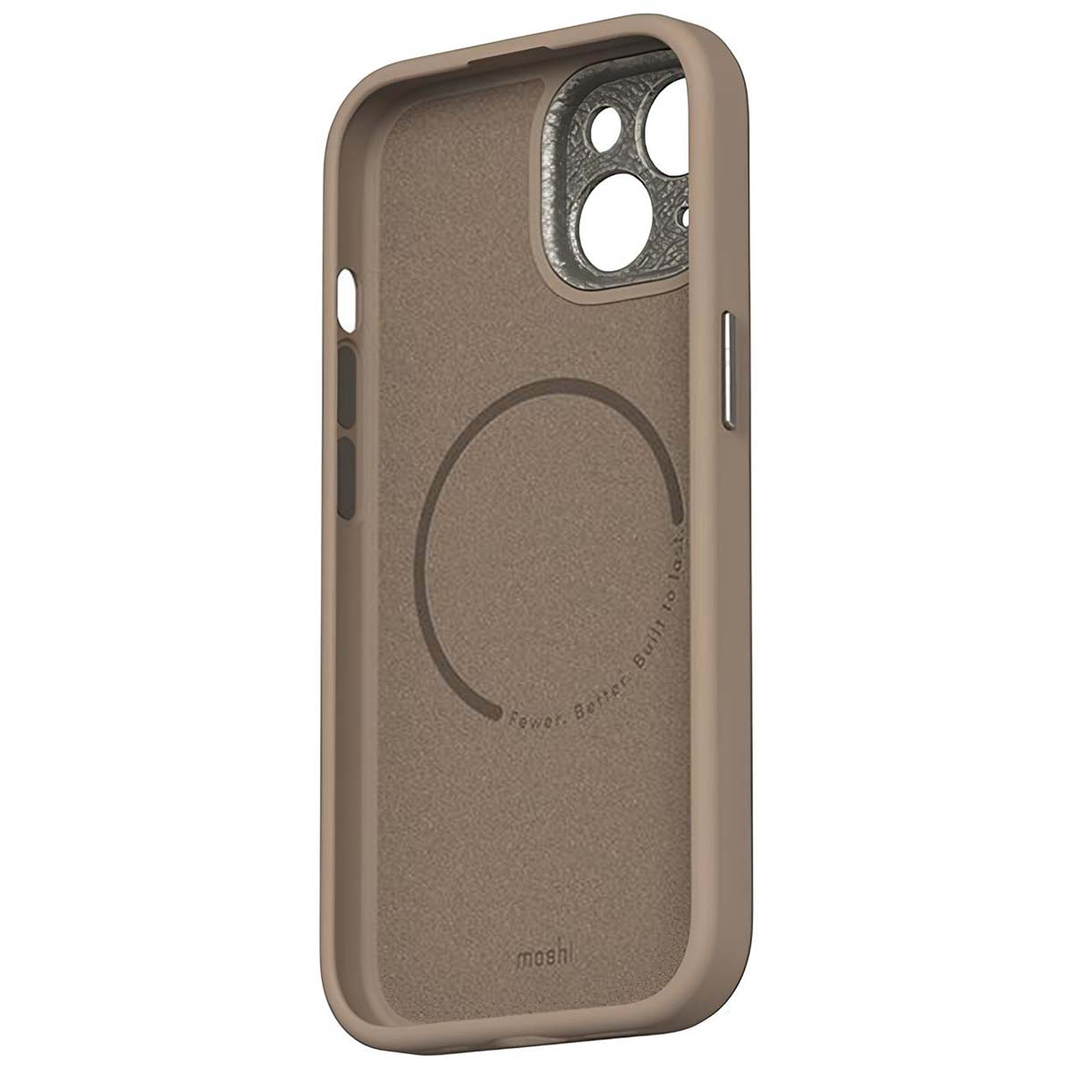 È mostrata una custodia marrone per telefono con un cerchio magnetico. Ha un ritaglio per la fotocamera e il marchio 'moshl'.