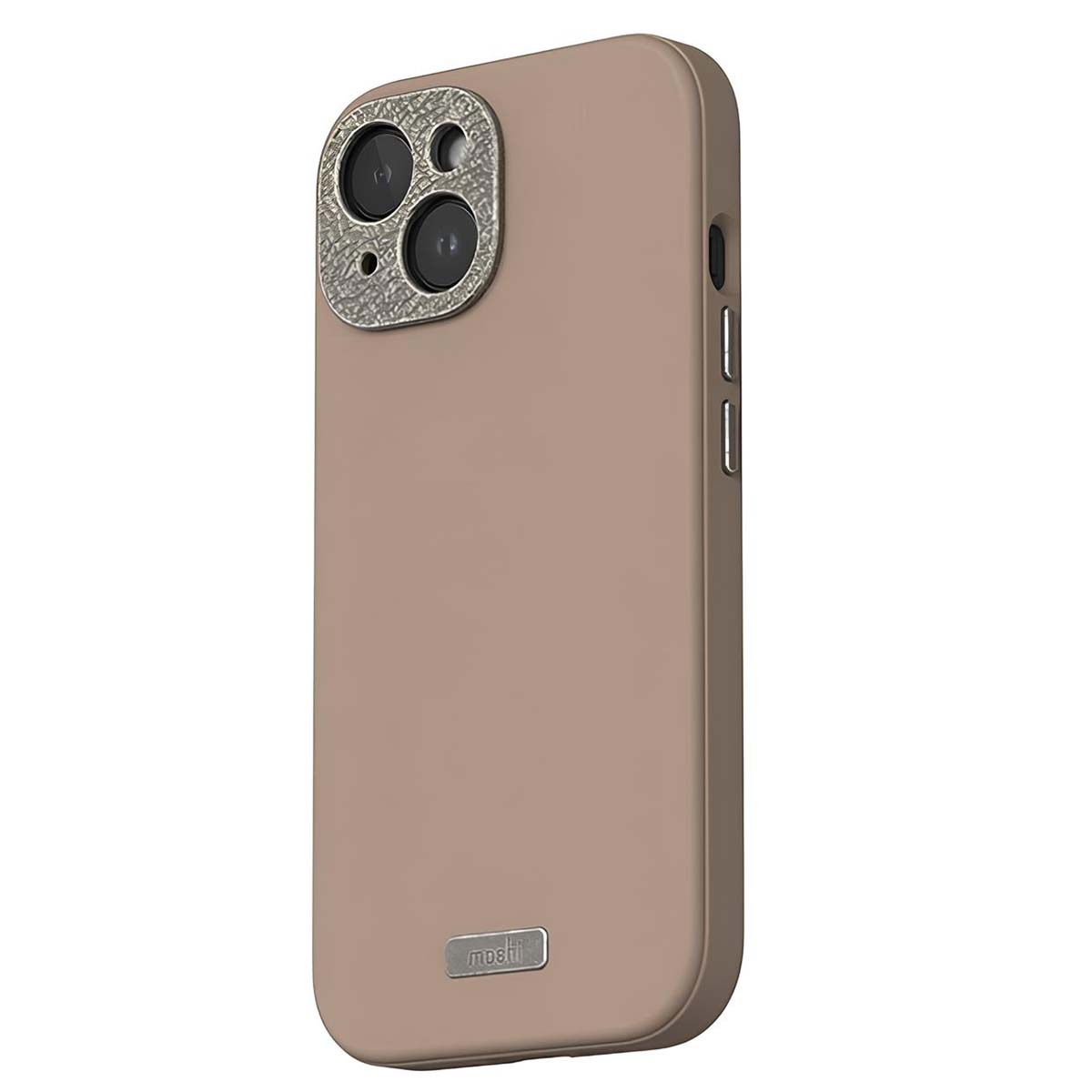 Una custodia per telefono di colore marrone. L'area della fotocamera ha una finitura argentata. Il marchio 'moshi' è in basso.