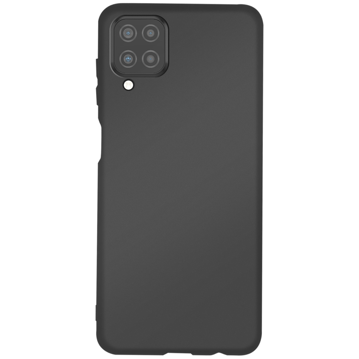 Una custodia per telefono grigio scuro. La parte superiore mostra un array di fotocamere con quattro obiettivi e un flash, più un piccolo foro.