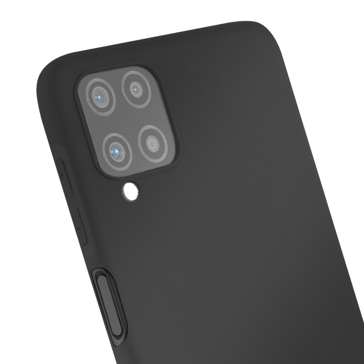 Primo piano di una custodia nera per telefono. Visibili l'array della fotocamera, i pulsanti e il bordo del telefono, su sfondo bianco.