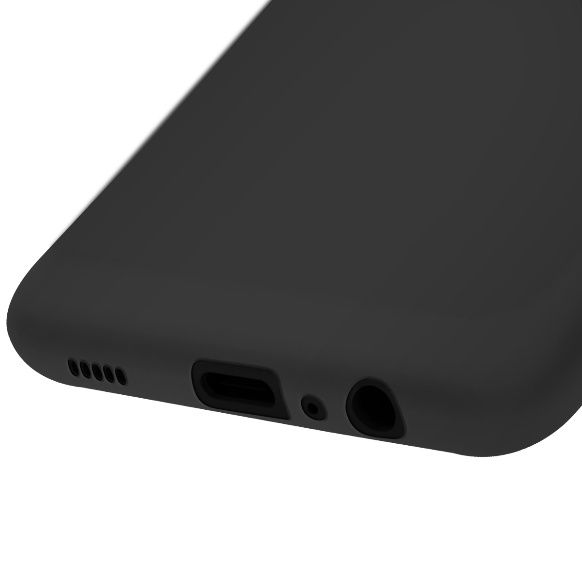 Primo piano di uno smartphone nero. Visibili altoparlanti, porta di ricarica e jack per cuffie. Il telefono è su sfondo bianco.