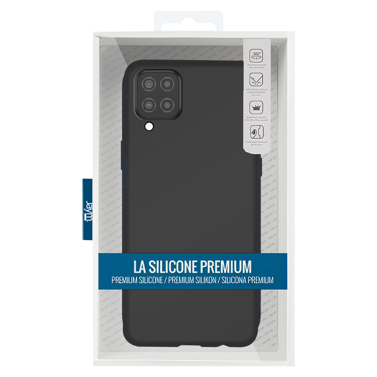 Una custodia nera per telefono in una scatola trasparente. La custodia ha un ritaglio per la fotocamera e le parole 'LA SILICONE PREMIUM' sono visibili.