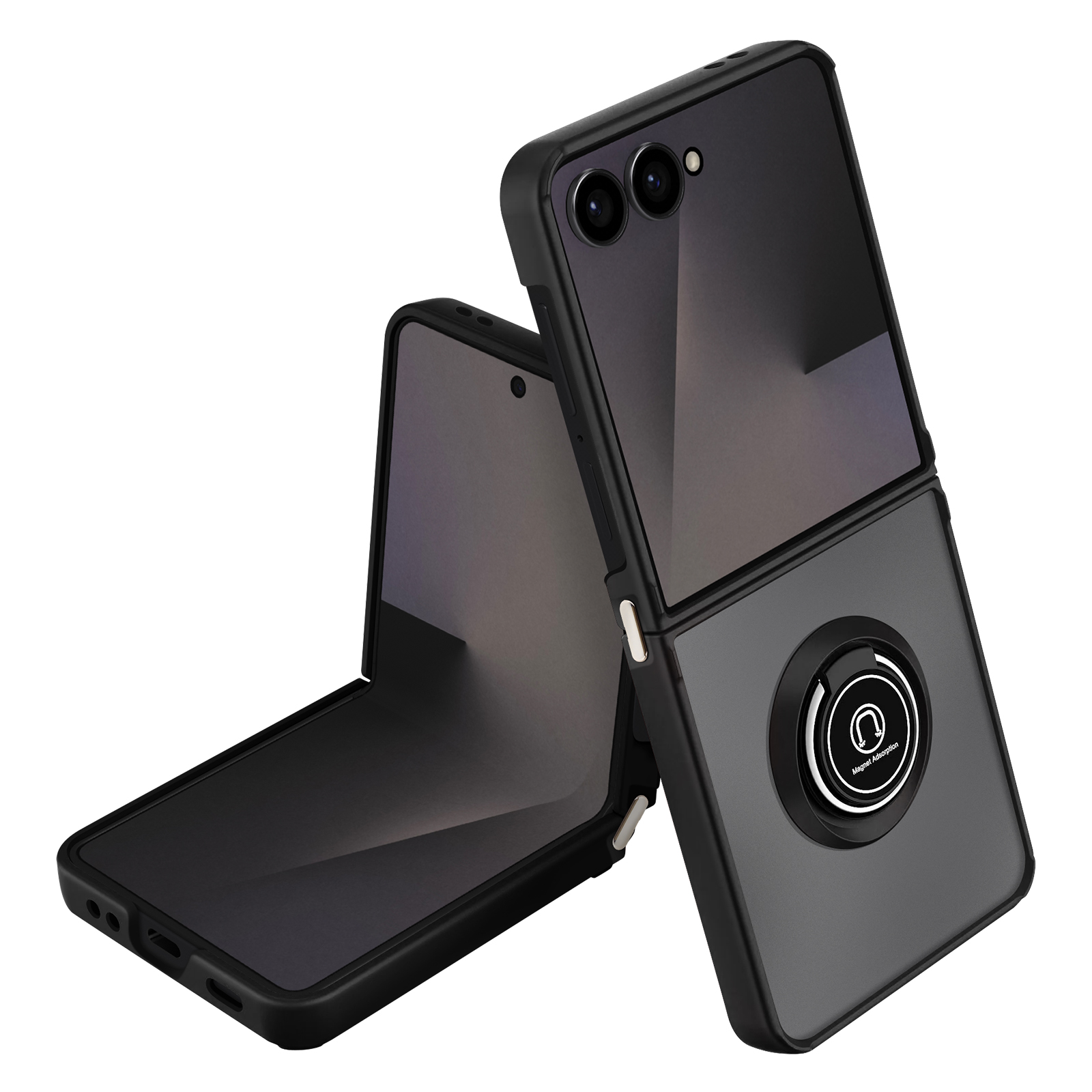 Téléphone pliable noir dans un étui. L'un est ouvert, l'autre partiellement avec un support annulaire.