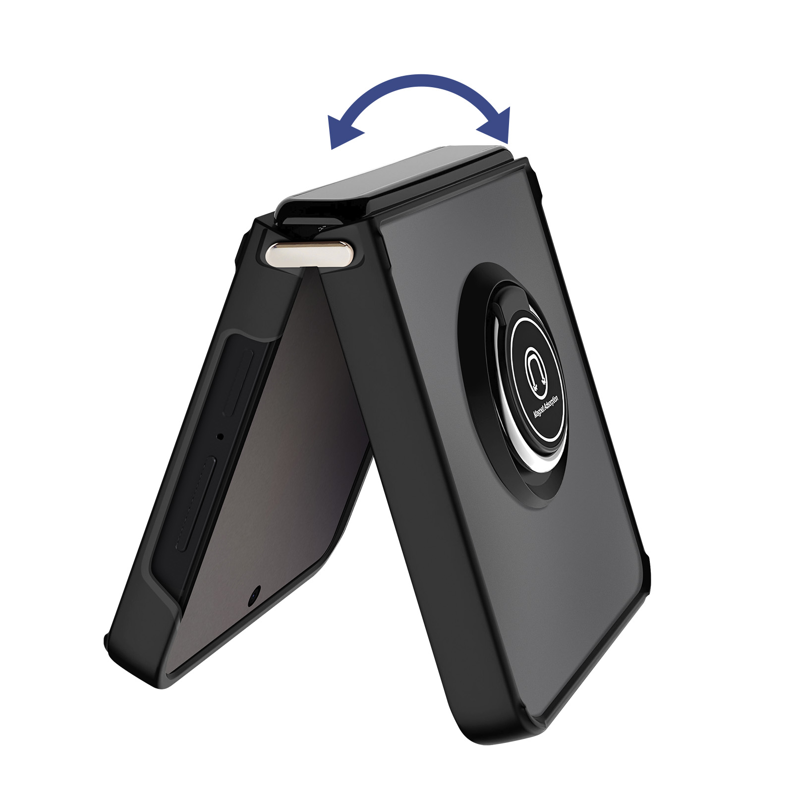 Coque de téléphone noire avec anneau rotatif et fonction magnétique. L'étui est partiellement ouvert, montrant l'intérieur du téléphone.
