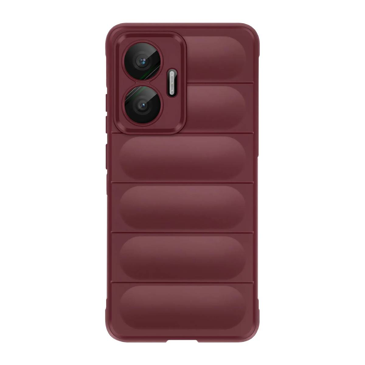 Una custodia per telefono bordeaux con sezione fotocamera e design trapuntato allungato. La custodia ha una sezione fotocamera rialzata con due lenti.