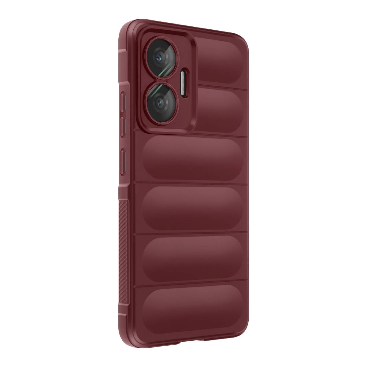 Una custodia per telefono bordeaux con lenti della fotocamera e retro strutturato. La custodia ha un design trapuntato e una finitura liscia e lucida.
