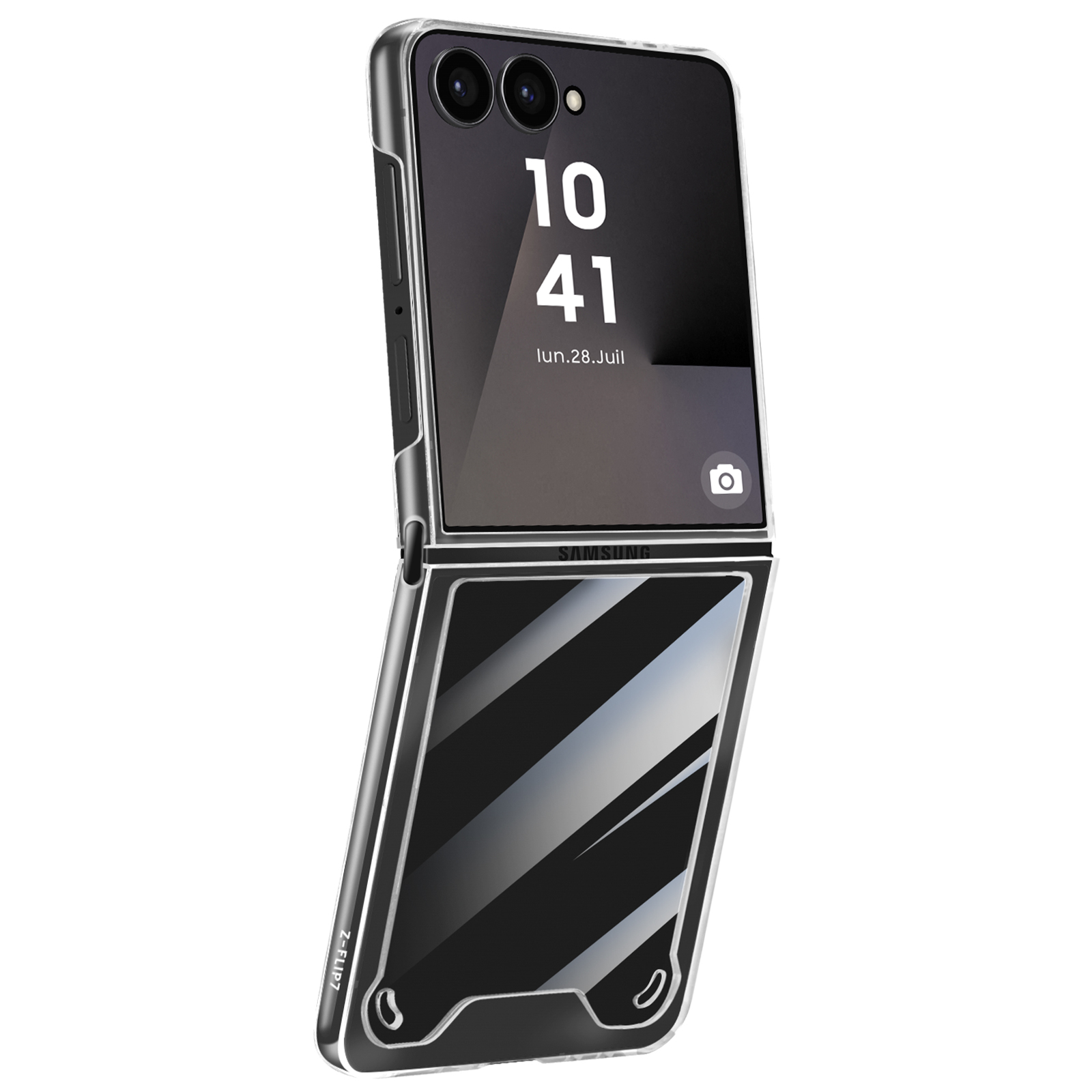 Un téléphone Samsung Galaxy Z Flip7, avec un étui transparent. L'heure est 10h41. Le téléphone est partiellement ouvert.