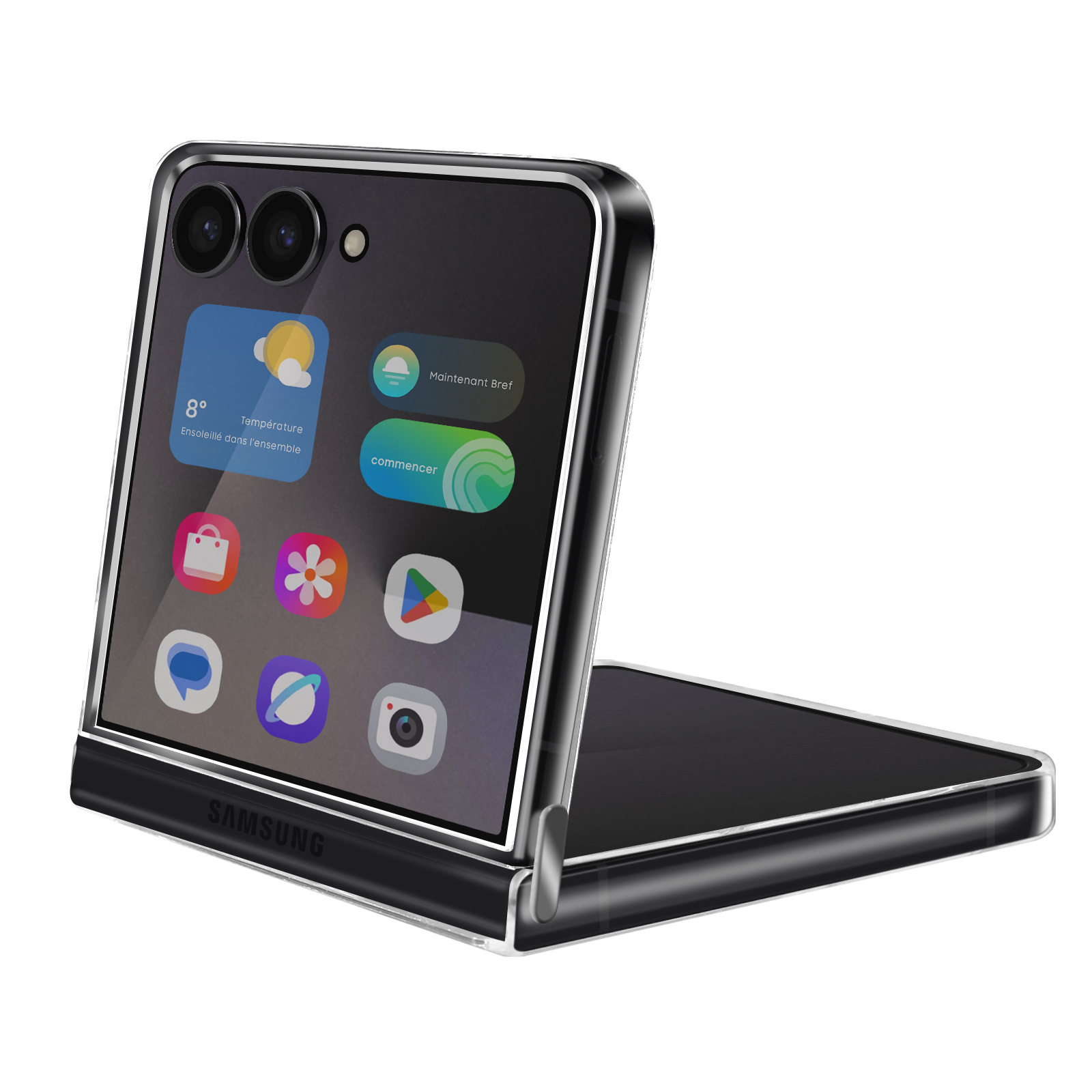 Un téléphone pliable Samsung argenté et noir est partiellement ouvert, affichant des icônes d'applications sur l'écran. Le fond est blanc.