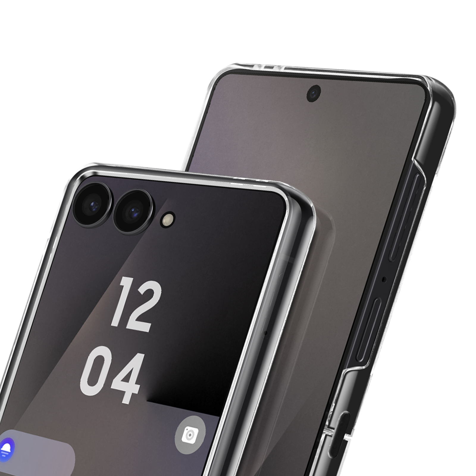 Deux smartphones dans des étuis transparents. L'un affiche l'heure 12h04. Le fond est blanc.