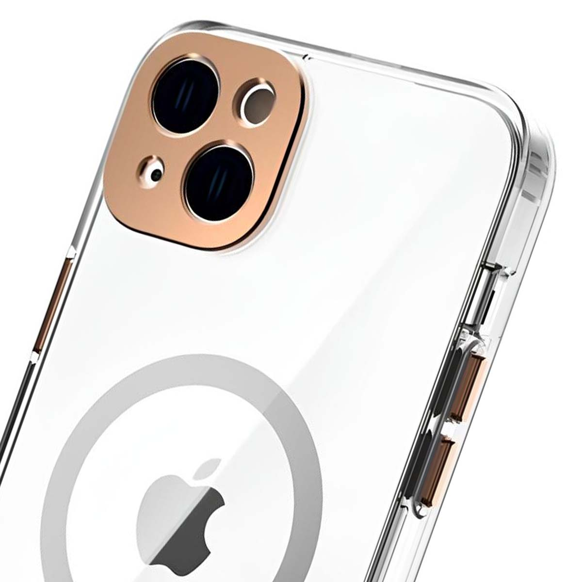 Custodia trasparente per telefono con quadrato fotocamera dorato. La custodia ha il logo Apple argentato e bordi trasparenti.