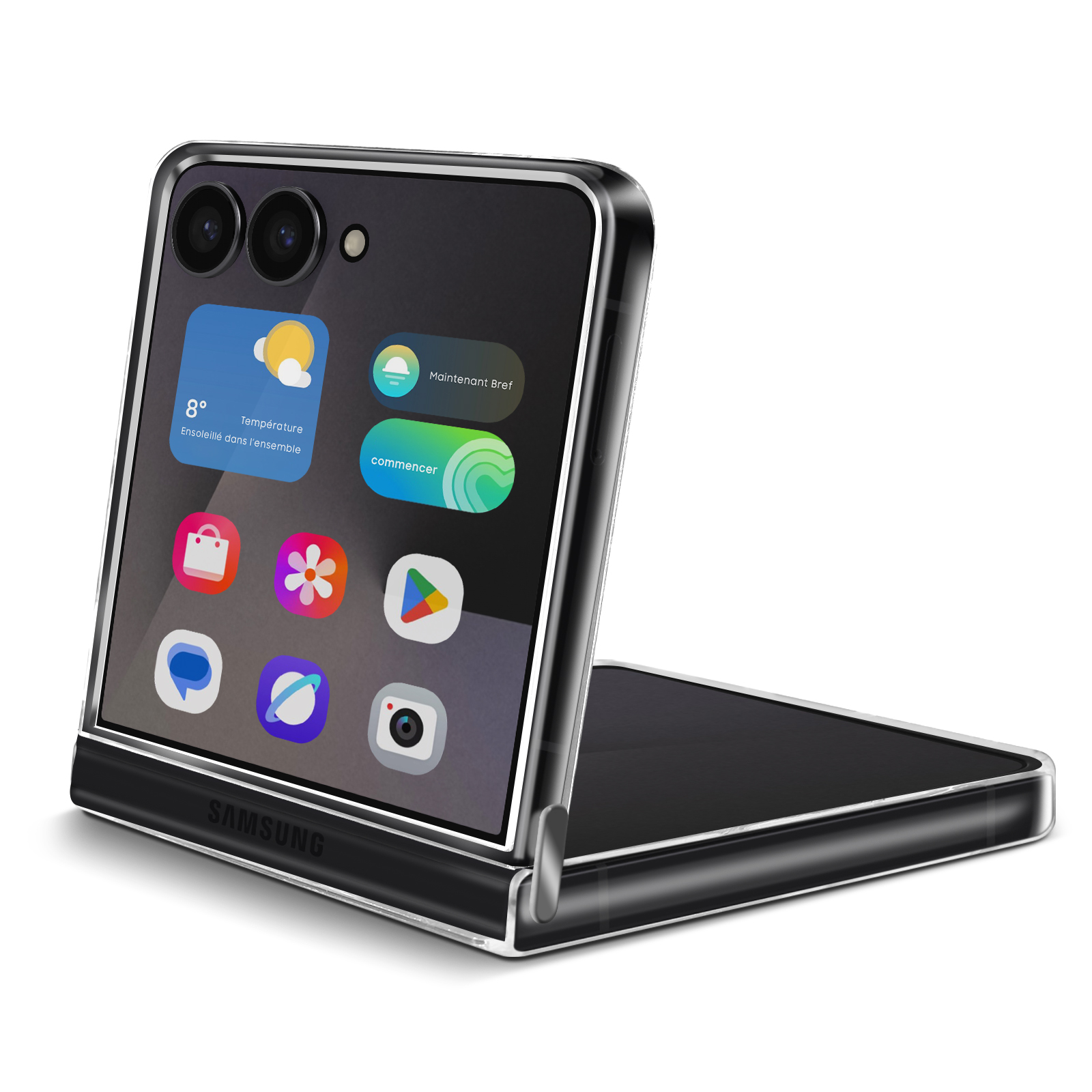 Un téléphone pliable Samsung noir est partiellement ouvert, affichant des icônes d'applications. L'écran montre la météo et d'autres icônes.