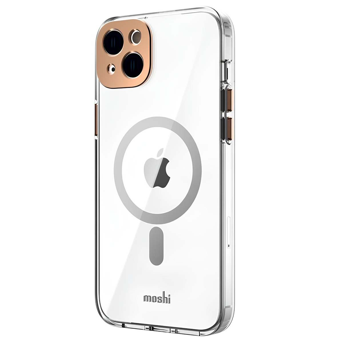 Custodia trasparente per telefono con anello fotocamera dorato. Logo Apple e marchio Moshi visibili. Design MagSafe trasparente.