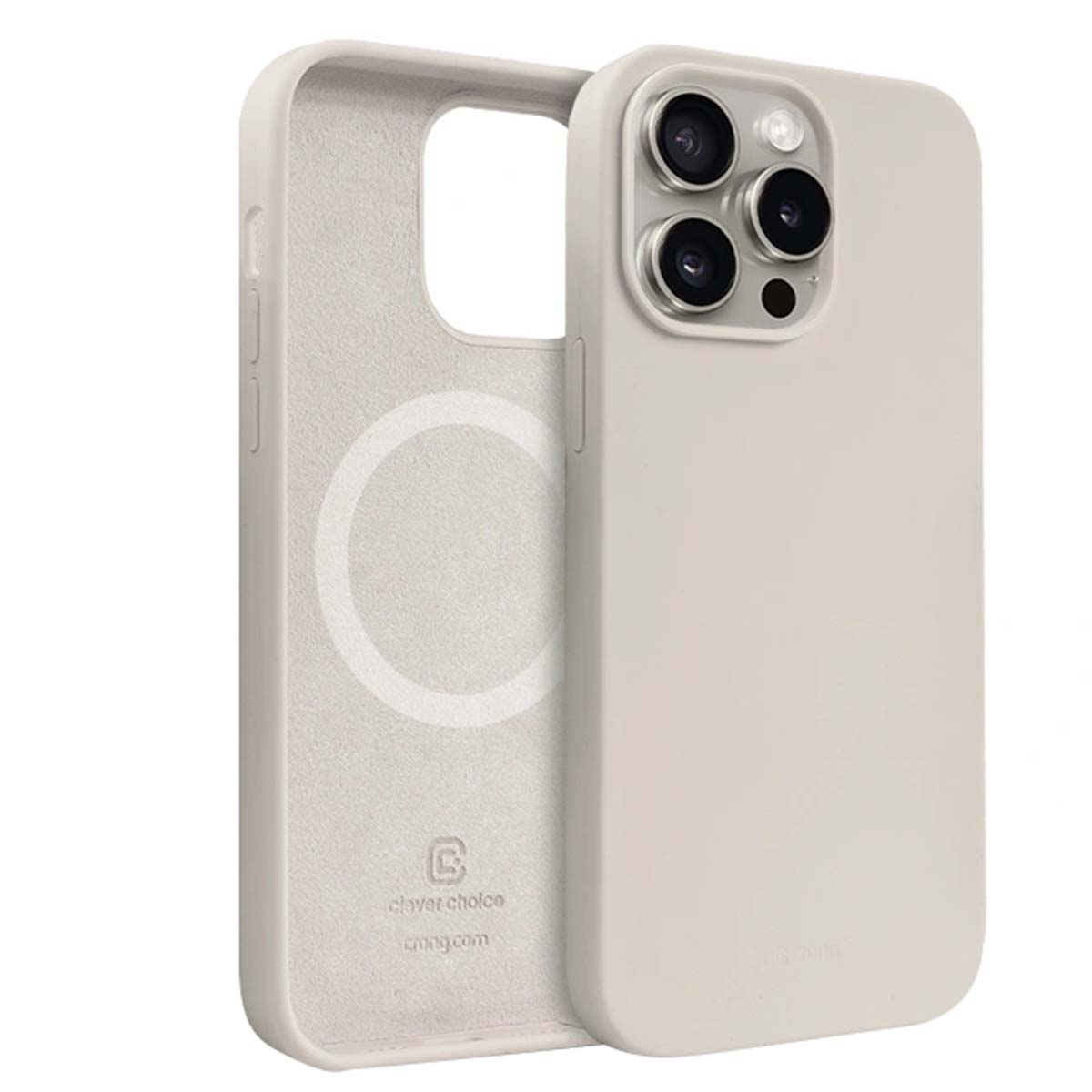 Due custodie per telefoni grigio chiaro, una aperta che mostra l'interno. L'altra mostra gli obiettivi della fotocamera.