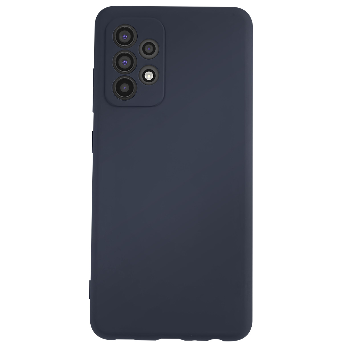 Una custodia per smartphone blu scuro. Ha un modulo fotocamera con più lenti. La custodia è su sfondo bianco.
