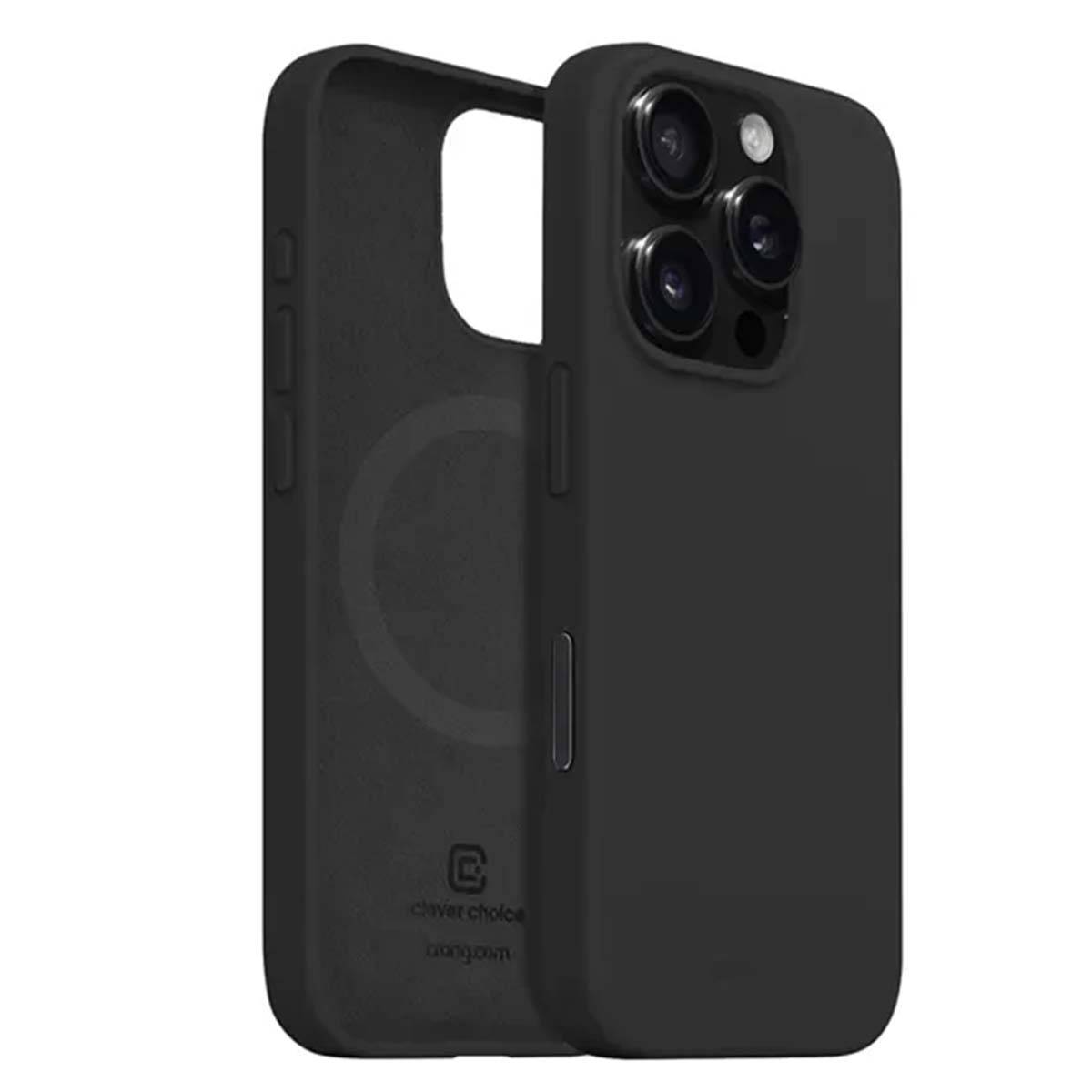 Custodia nera per telefono con tre obiettivi. La custodia è aperta, mostrando l'interno. Il marchio 'clever choice' è visibile.
