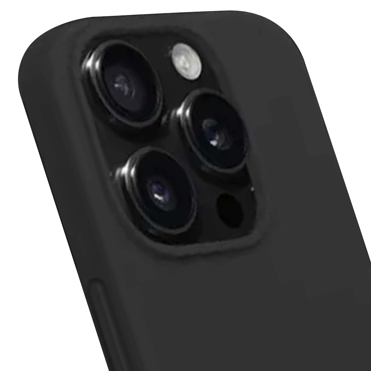 Primo piano di un telefono nero. Visibili gli obiettivi della fotocamera, il flash e il bordo arrotondato del telefono. Lo sfondo è bianco.