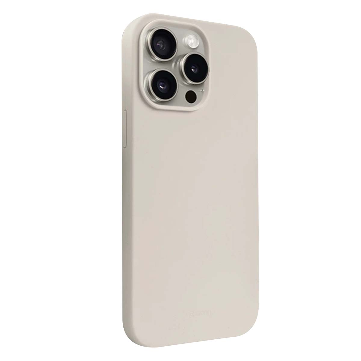 È mostrata una custodia beige per telefono con tre obiettivi della fotocamera. È un primo piano, che rivela il design e il colore del telefono.