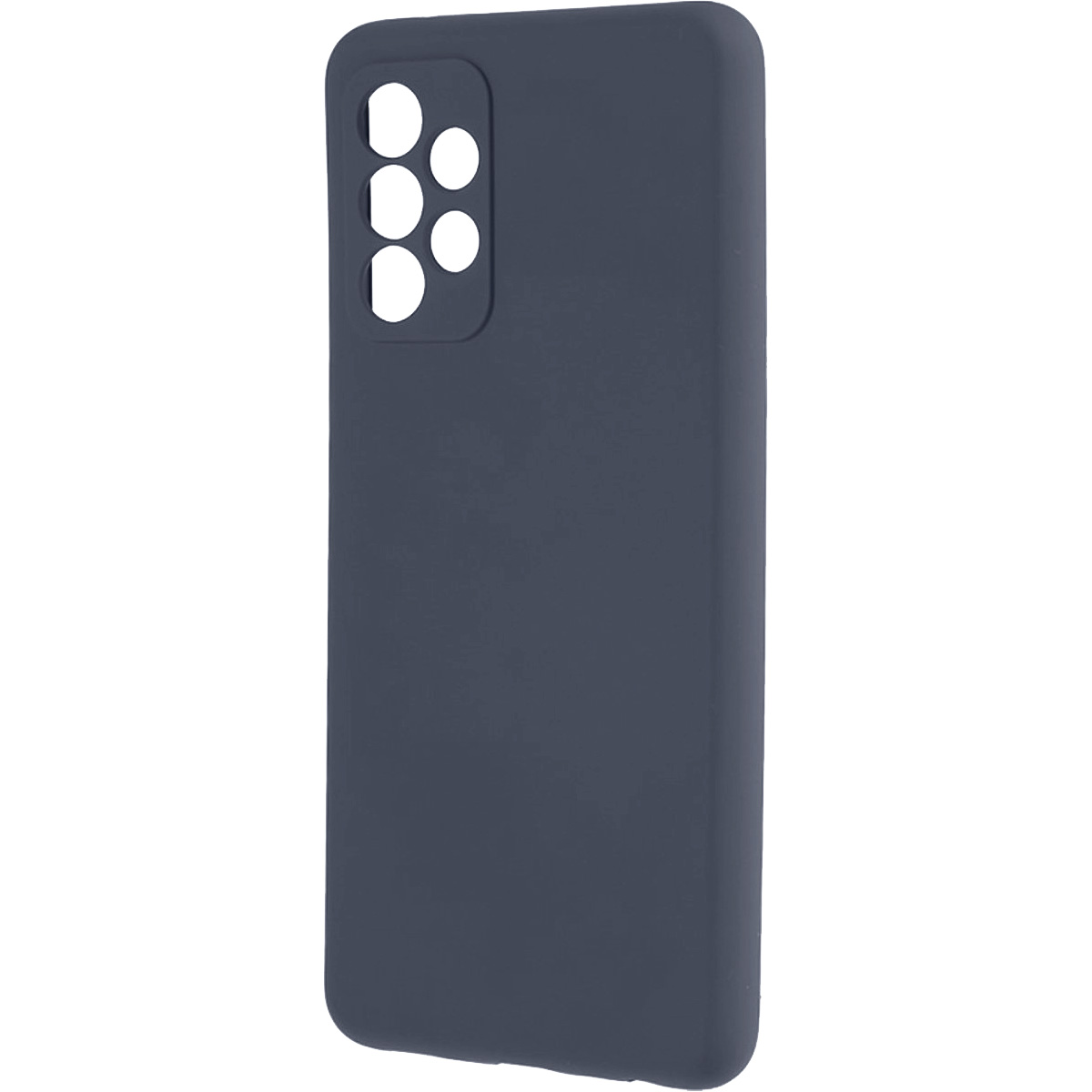 Una custodia per telefono blu scuro. Ha ritagli per la fotocamera e una superficie liscia. Lo sfondo è bianco.