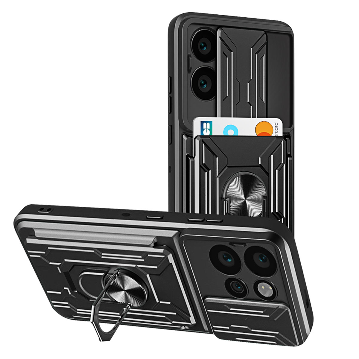 Due custodie nere per telefono con slot per carte e anello. Una in posizione verticale, l'altra angolata. Carta di credito visibile nello slot.