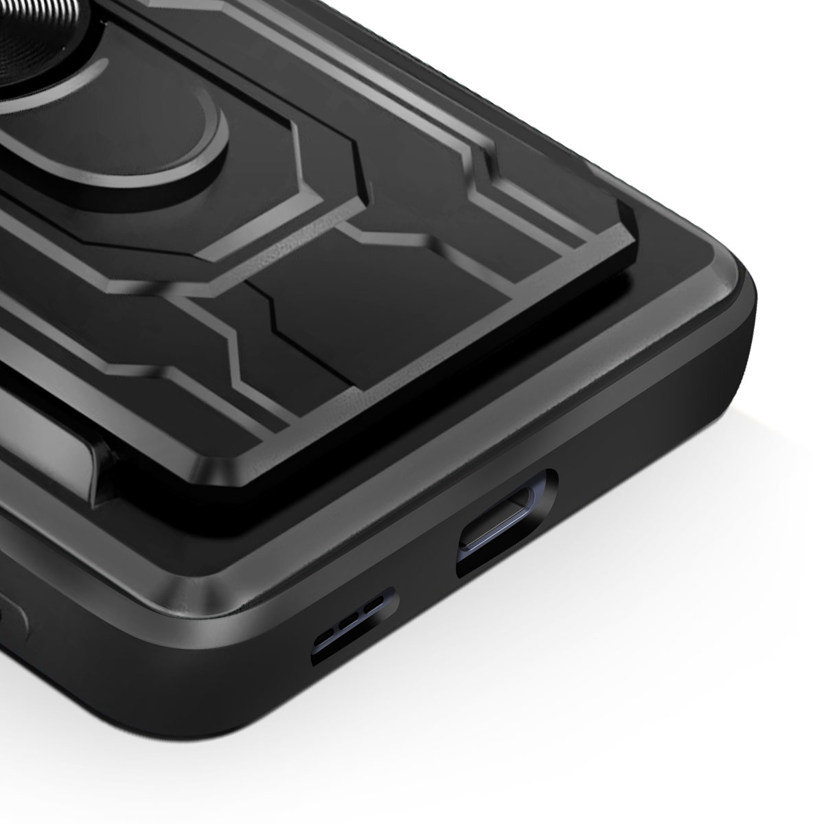 Primo piano di una custodia nera per telefono con design geometrico. La custodia ha un supporto ad anello e ritagli.
