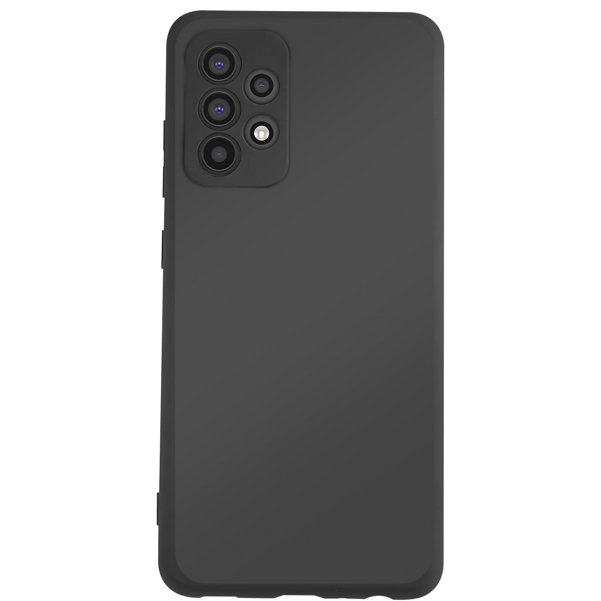 Custodia nera per telefono con più obiettivi della fotocamera in alto a sinistra. La custodia è liscia, sfondo bianco.