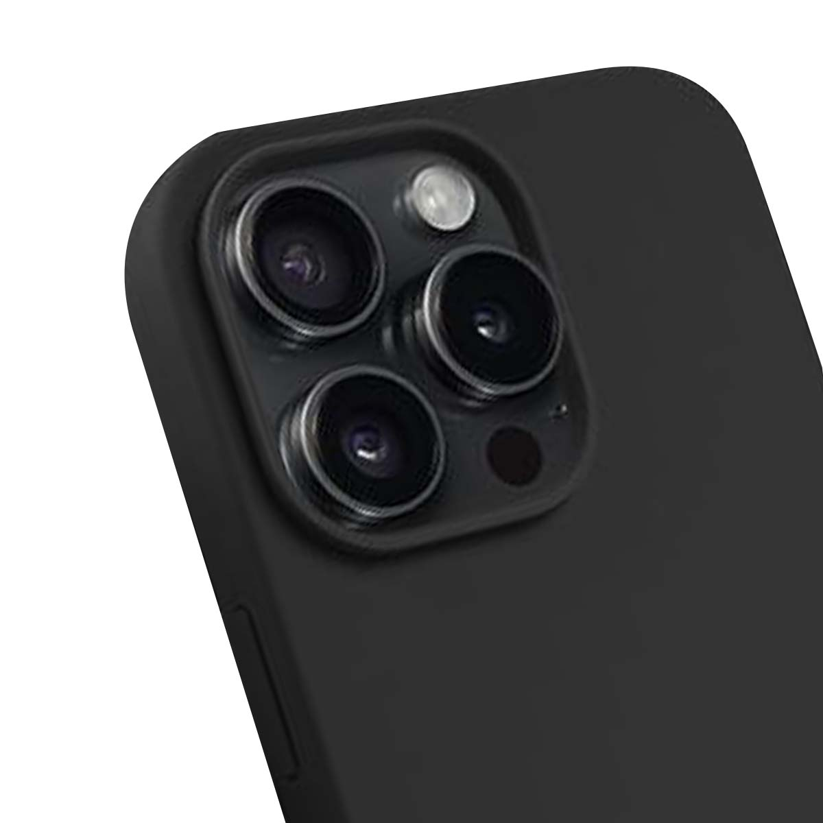 Nahaufnahme eines schwarzen Smartphones mit Kameramodul mit drei Linsen und einem Blitz. Das Gehäuse ist ebenfalls schwarz.