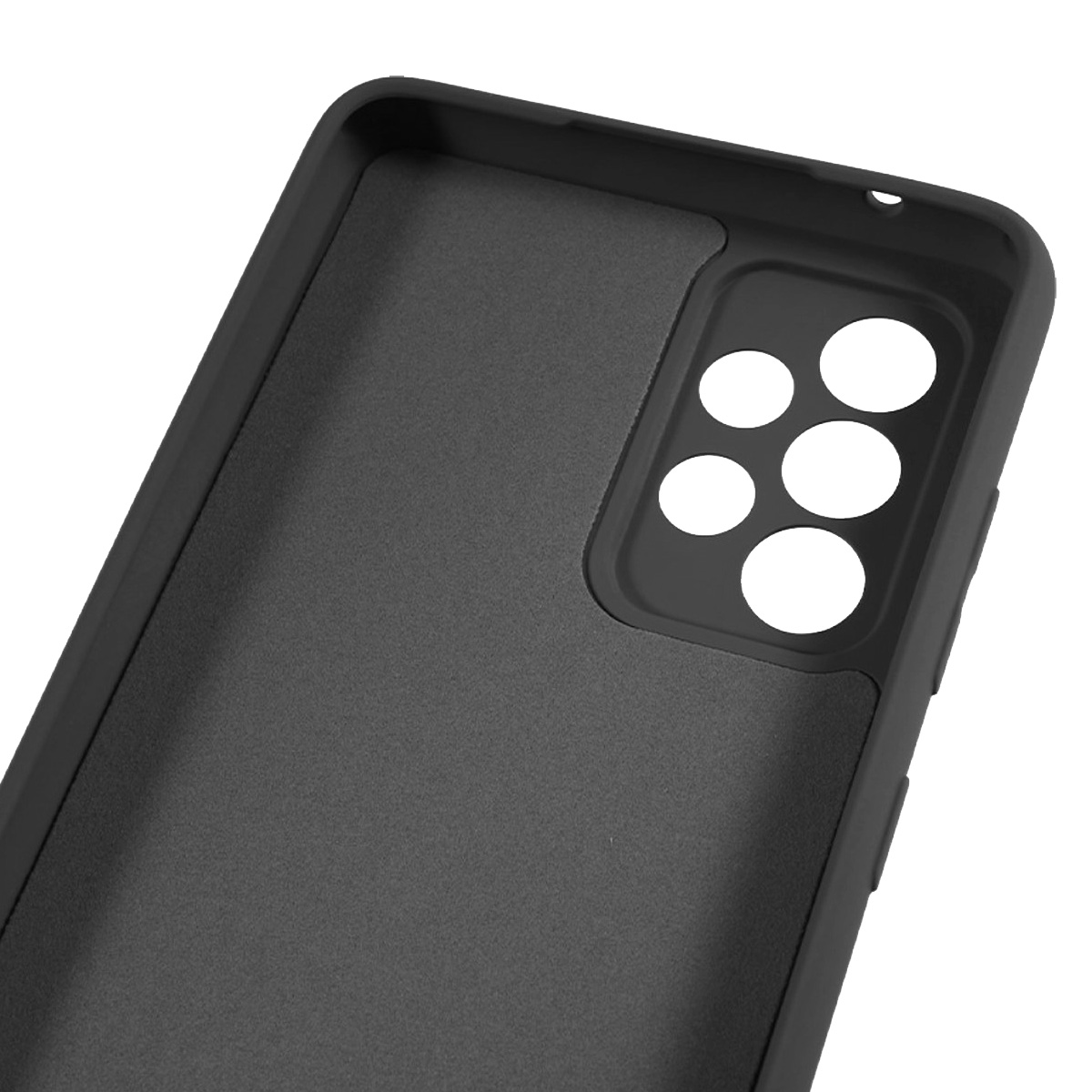 Interno di custodia per telefono nera. Ritaglio per fotocamera con cerchi visibili. Superficie strutturata, forse TPU o silicone.