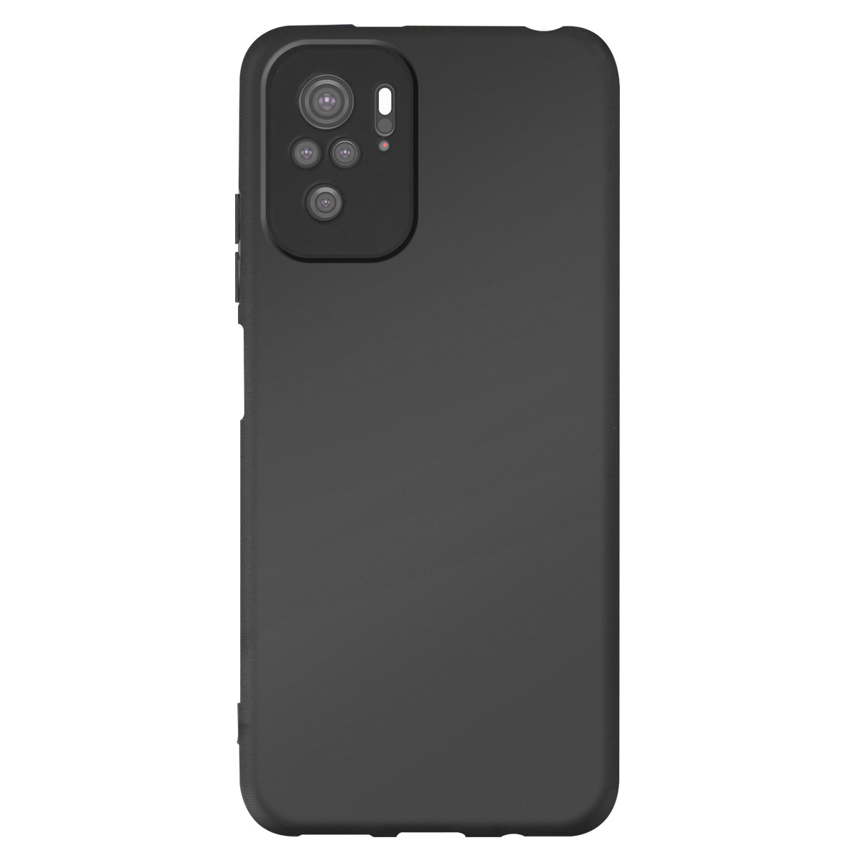 Una custodia nera per telefono con modulo fotocamera. La custodia è semplice e il modulo fotocamera ha più lenti e un flash.