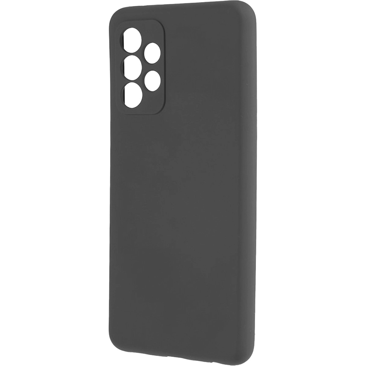 Una custodia per telefono grigio scuro. Ha ritagli per la fotocamera e il flash. Lo sfondo è bianco.