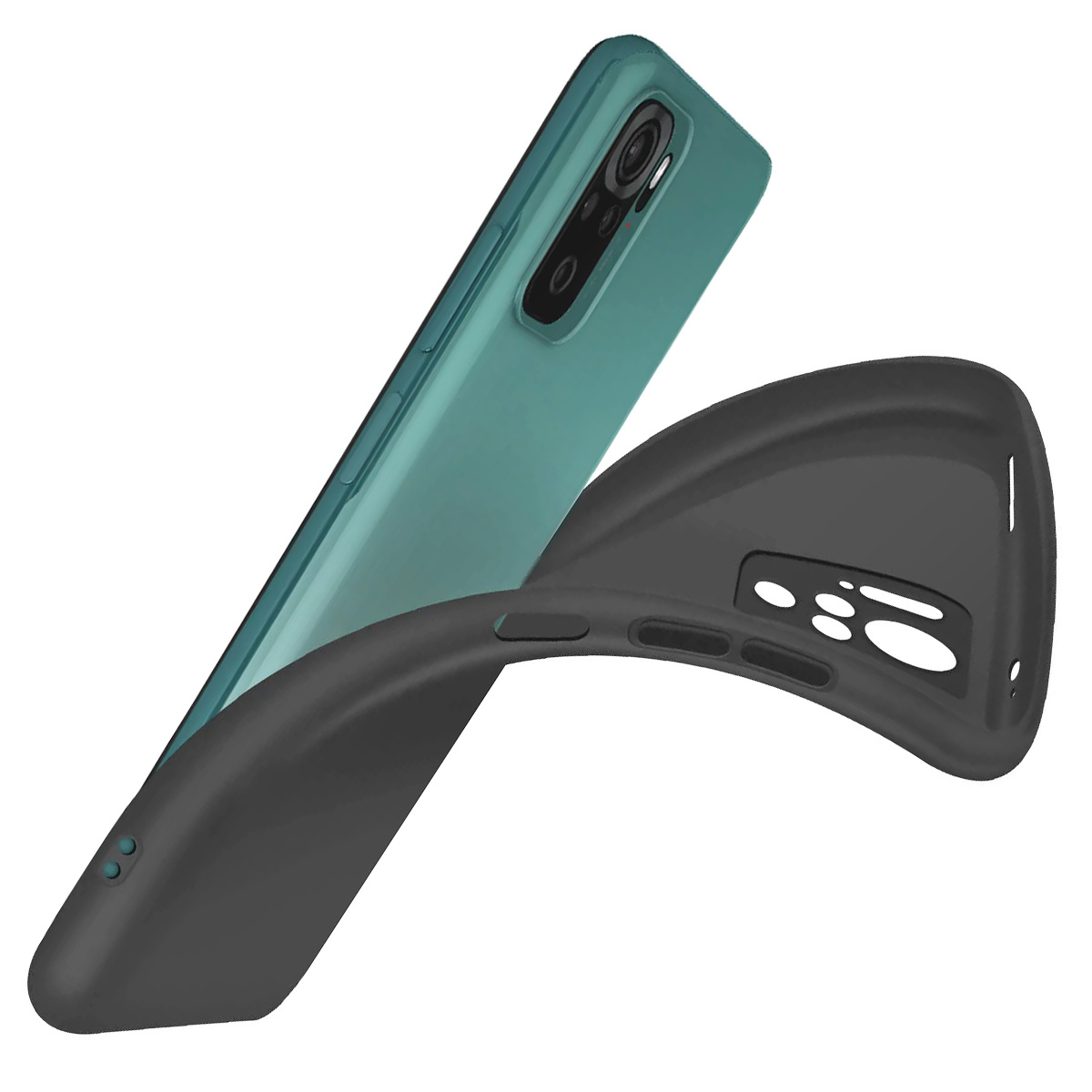 Uno smartphone turchese con una custodia nera. La custodia copre parzialmente il telefono, mostrandone il design.