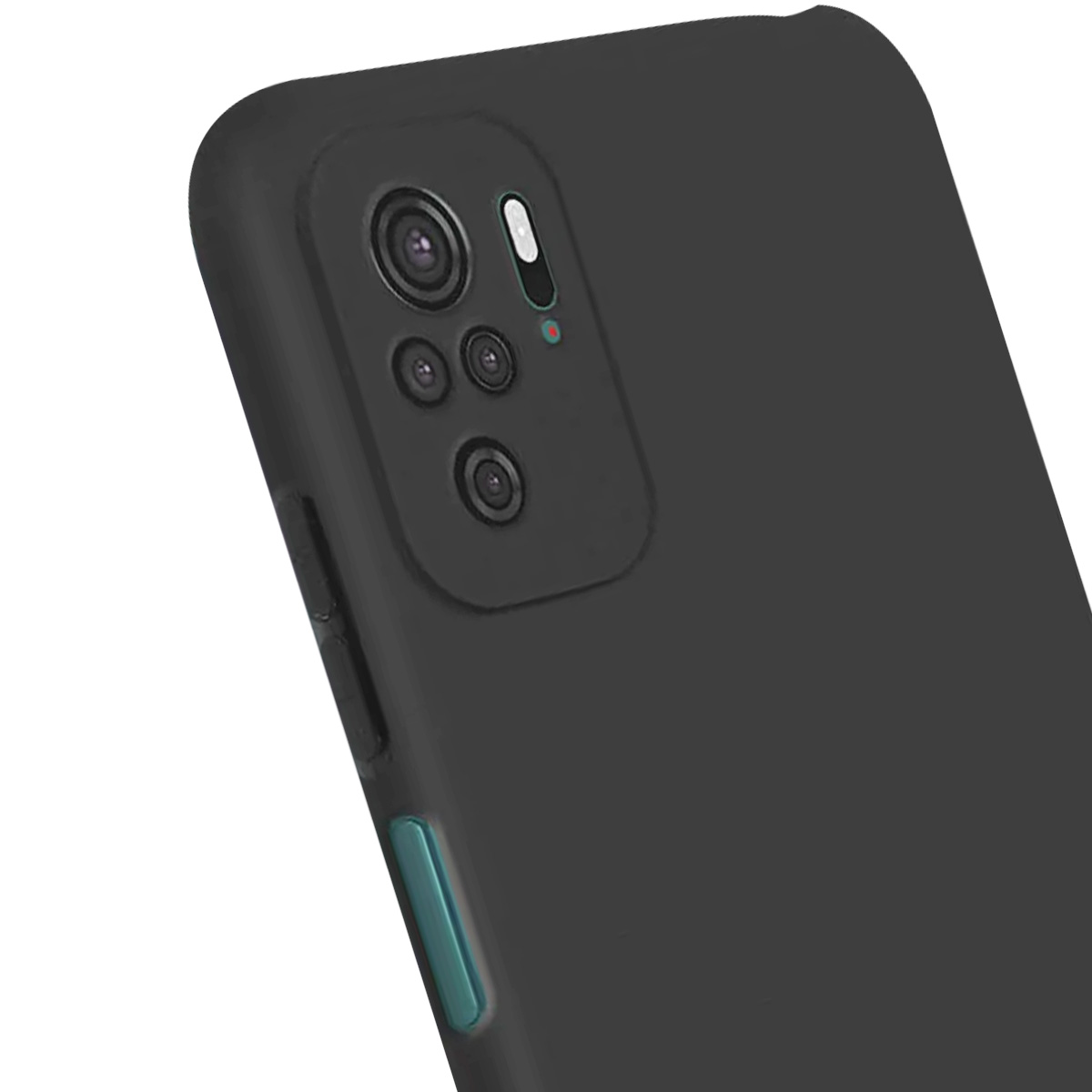 Primo piano di una custodia per telefono nera con lenti della fotocamera e un pulsante verde sul lato. Lo sfondo è bianco.