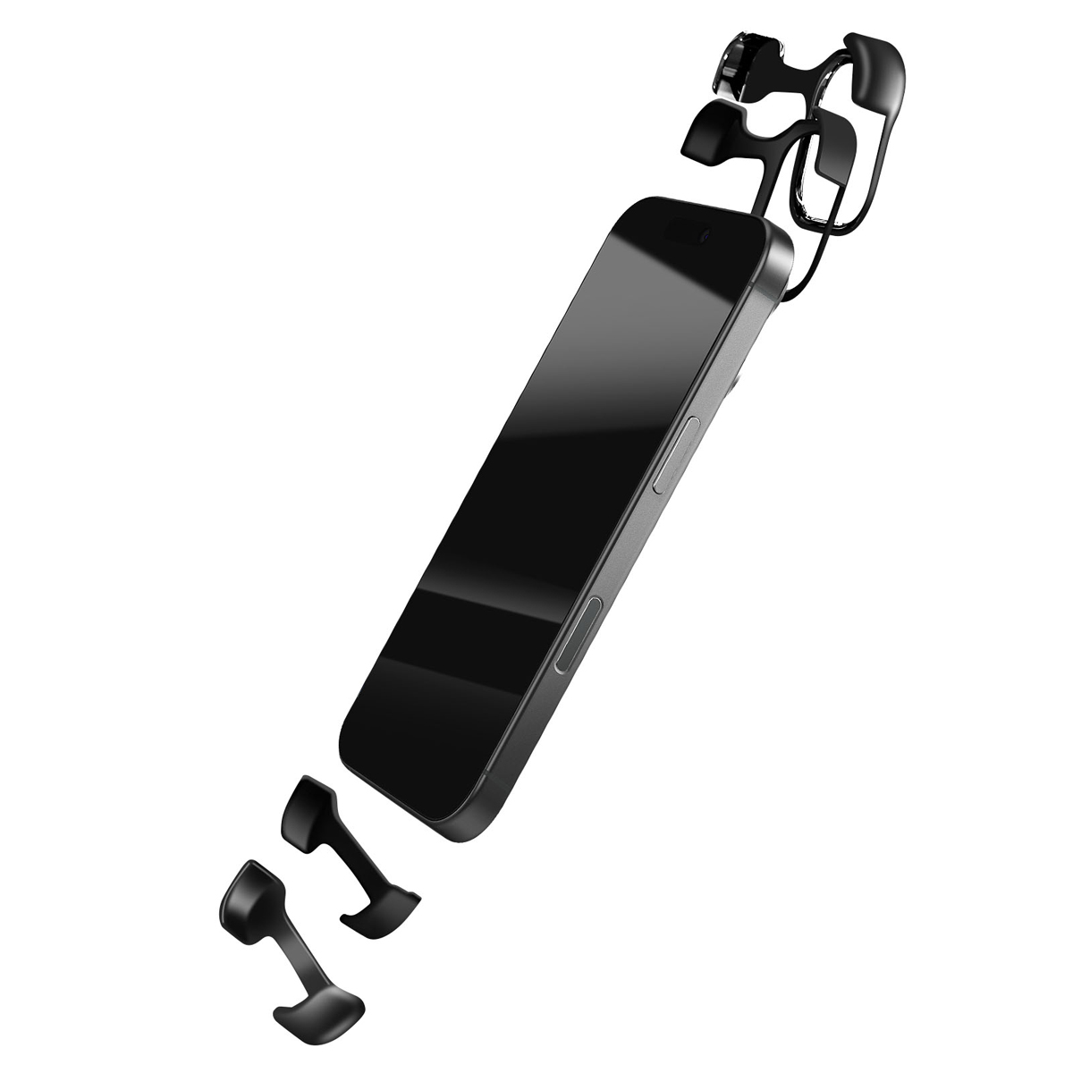Ein schwarzes Smartphone mit schwarzem Zubehör schwebt. Das Zubehör umfasst Ohrhaken und Knöpfe.