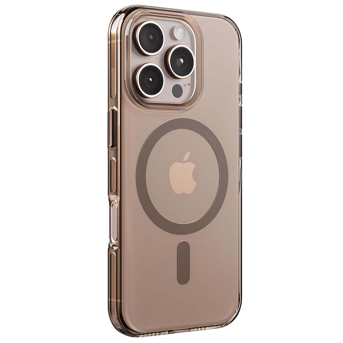 Una custodia trasparente per telefono con cornice dorata. Ha un logo Apple circolare e un anello magnetico sul retro.