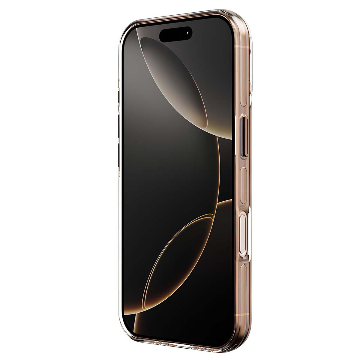 Uno smartphone in una custodia trasparente. Lo schermo è nero con linee marrone dorato. La custodia ha bordi marrone dorato.
