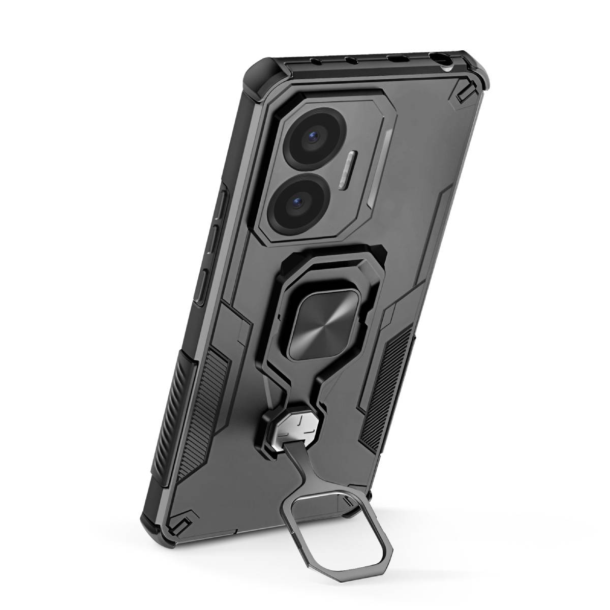 Una custodia nera per telefono con supporto ad anello è angolata su una superficie bianca. La custodia ha un design a doppia fotocamera e un supporto.