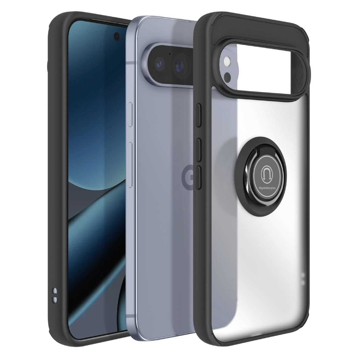 Trois smartphones avec des étuis. Un noir, un bleu et un transparent avec un support de bague. L'étui transparent a un anneau argenté.