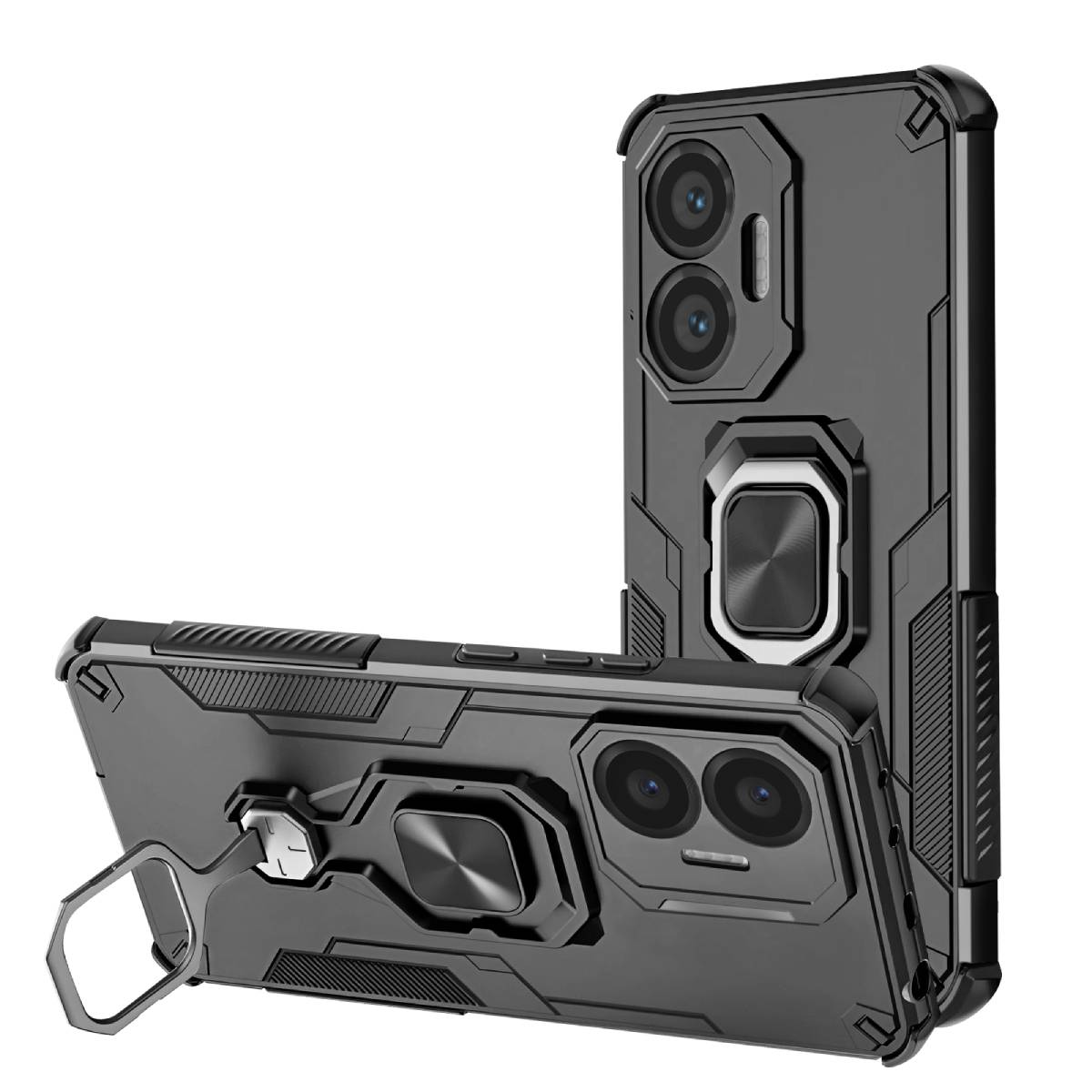 Tre custodie nere per telefono con fotocamere e anelli, una con supporto. Le custodie sono su sfondo bianco.