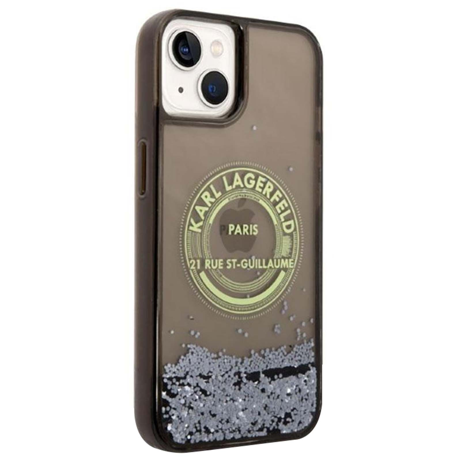 Custodia per telefono con logo Karl Lagerfeld, bordo nero, glitter in basso e sfondo bianco.
