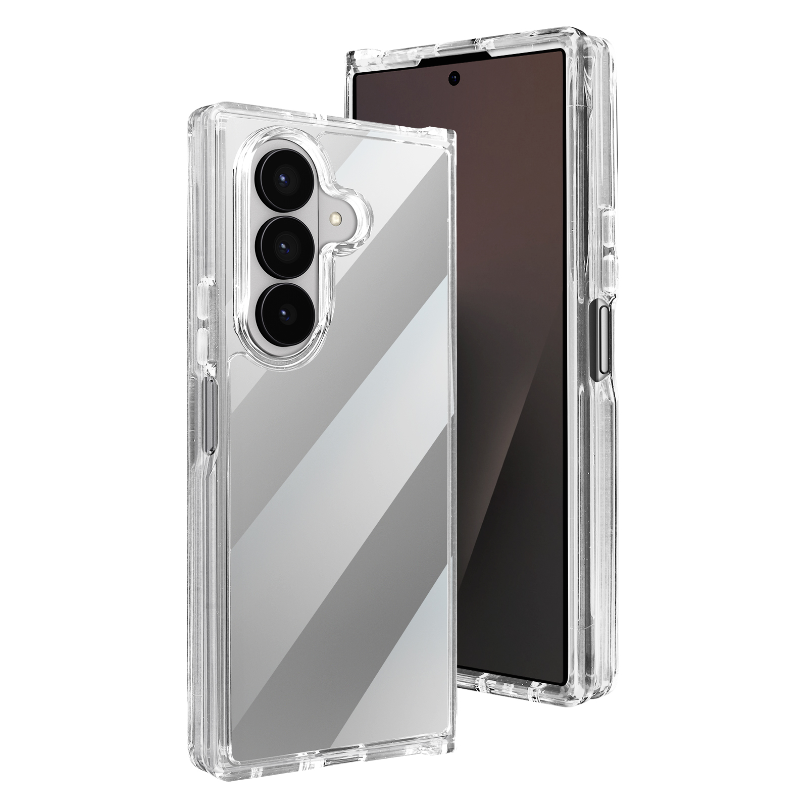 Dos fundas transparentes para teléfono con teléfonos dentro. Una funda está enfocada mostrando la cámara y la otra está ligeramente detrás.