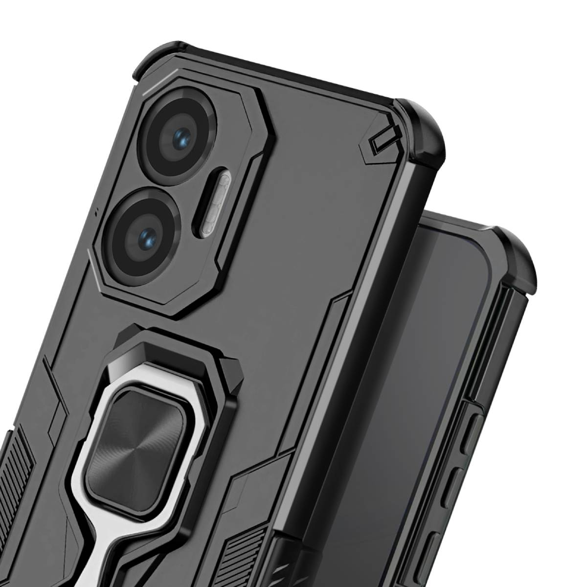 Primo piano di una custodia nera per telefono con modulo fotocamera e supporto ad anello in metallo. La custodia è su sfondo bianco.